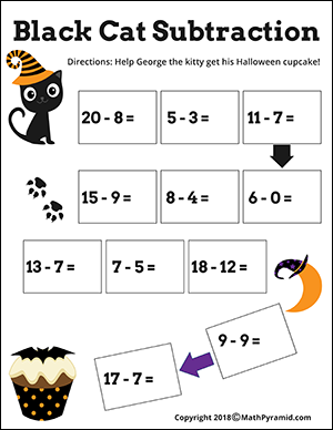 fun black cat subtraction Halloween math worksheet