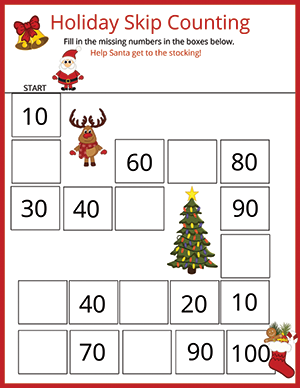 Christmas math worksheet count by 10's