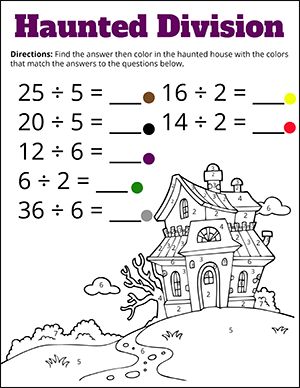 color by number division Halloween worksheet