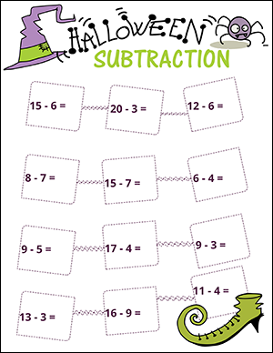 subtraction under 20 halloween math worksheet