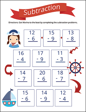 subtraction worksheet for numbers under 20 nautical theme